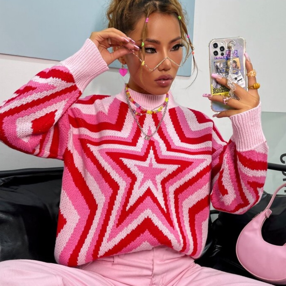 Mock Neck Star Pattern Drop Shoulder Sweater